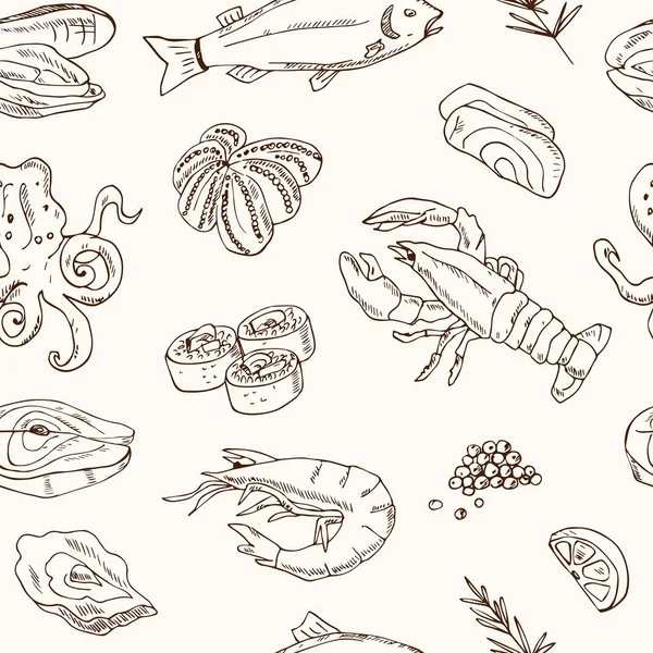 Patrón sin costura vectorial con ilustración de mariscos dibujados a mano: pescado fresco, langosta, cangrejo, ostra, mejillón, calamar y boceto de especias . — Vector de stock