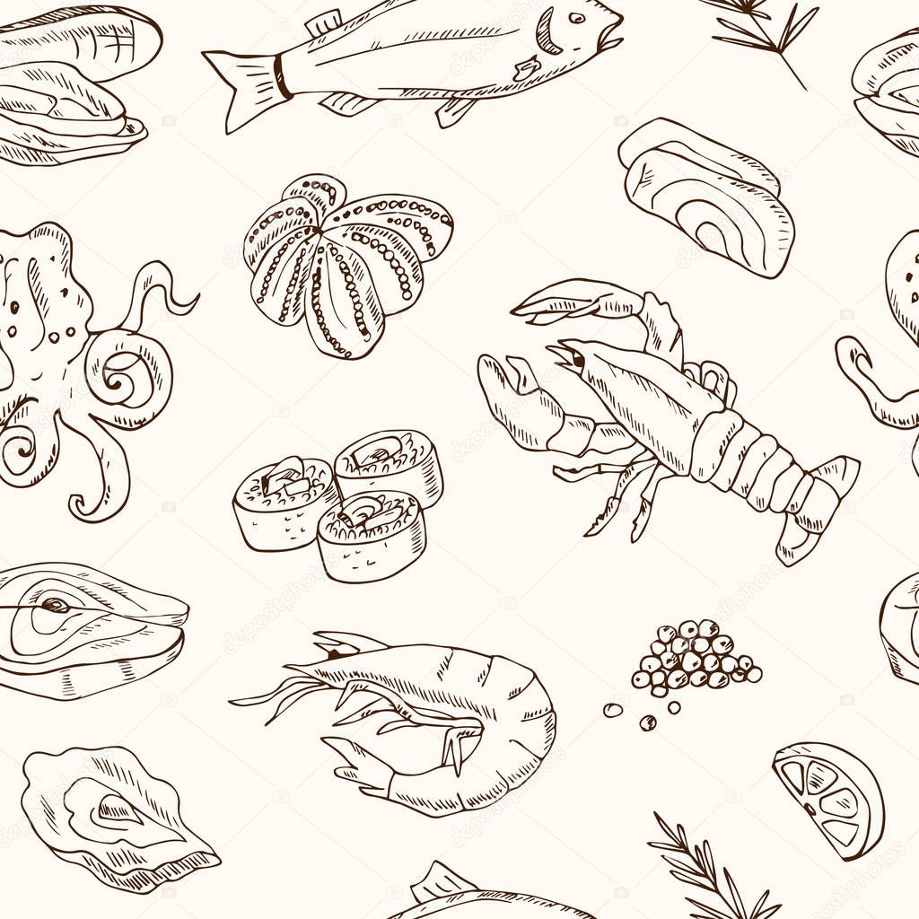 Vector seamless pattern with hand drawn seafood illustration - fresh fish, lobster, crab, oyster, mussel, squid and spice sketch.