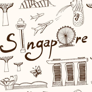 Singapur kümesi el çizilmiş simgeler vektör seamless modeli