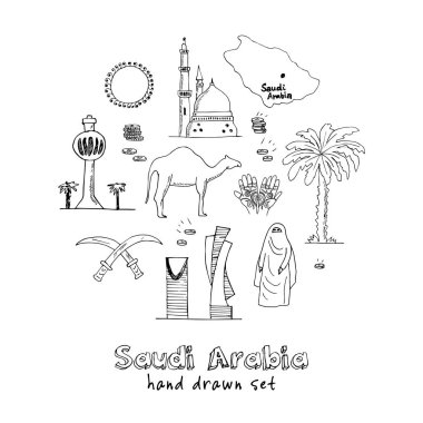 Vektör handdrawn illüstrasyon Suudi Arabistan simge ve kutsal kişilerin resmi ile ülke İngilizce Arapça Modern doodle kroki
