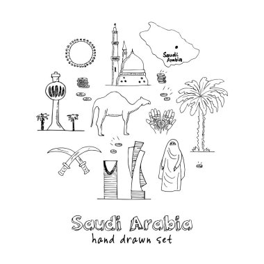 Handdrawn Illustration of Saudi Arabia Landmarks and icons with country English  Arabic Modern doodle sketch vector clipart