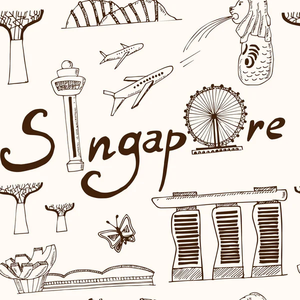 Set of Singapore hand drawn icons Vector seamless pattern — Stock Vector