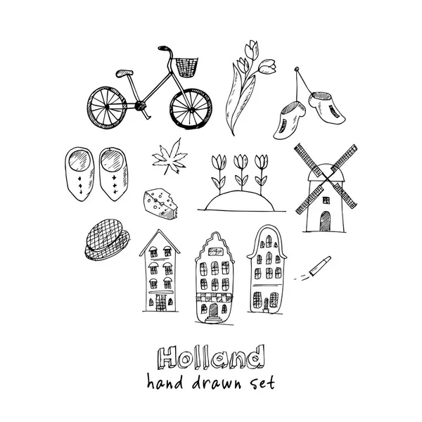 Doodle hand getrokken collectie Holland iconen. Nederland cultuurelementen voor design. Vector illustratie reizen objecten — Stockvector