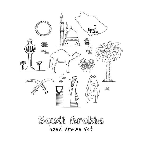 Handgezeichnete Illustration saudi-arabischer Sehenswürdigkeiten und Ikonen mit Country Englisch Arabisch Modern Doodle Sketch Vektor — Stockvektor