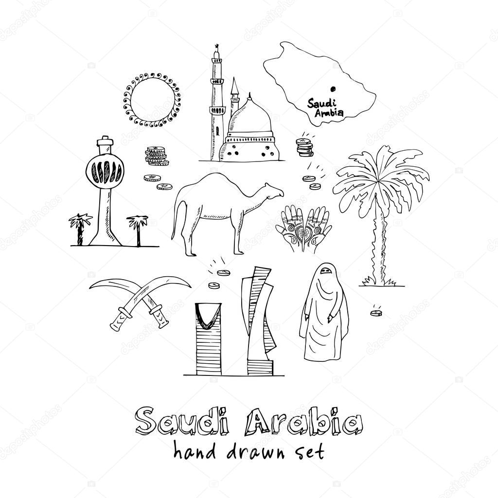 Handdrawn Illustration of Saudi Arabia Landmarks and icons with country English  Arabic Modern doodle sketch vector