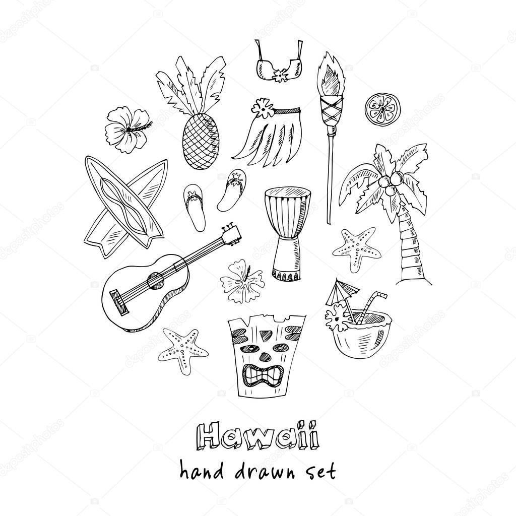 Hawaii Symbols and Icons, including Hula skirt, tiki gods, totem pole, drums, guitar, palm