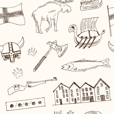 Ülke Norveç seyahat tatil seamless modeli mimarisi ile Kültür doodle simgeler vektör çizim