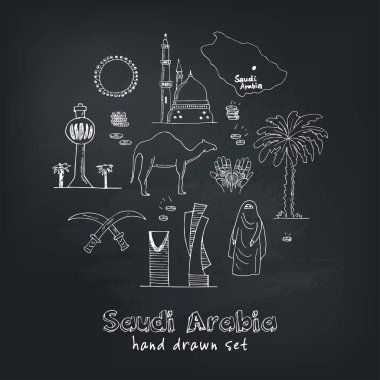Vektör handdrawn illüstrasyon Suudi Arabistan simge ve kutsal kişilerin resmi ile ülke İngilizce Arapça Modern doodle kroki