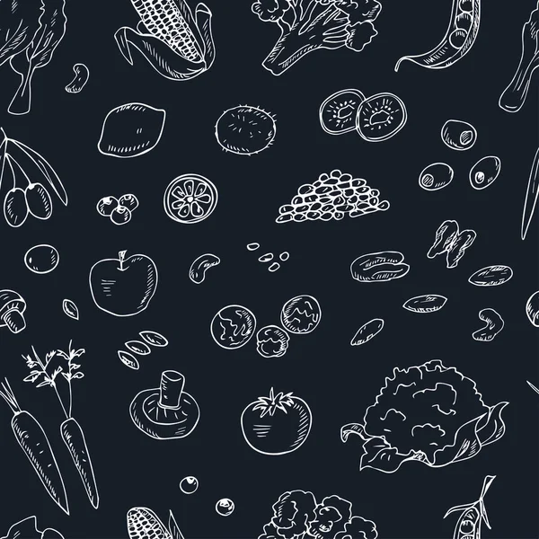 Vecteur dessiné à la main motif sans couture Alimentation végétarienne. Légumes, fruits . — Image vectorielle