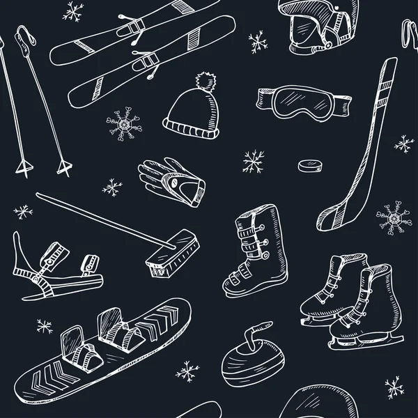 Sports, activités et accessoires d'hiver Carnet dessiné à la main Doodles motif sans couture avec traîneau, skis, patins, snowboard, flocon de neige — Image vectorielle