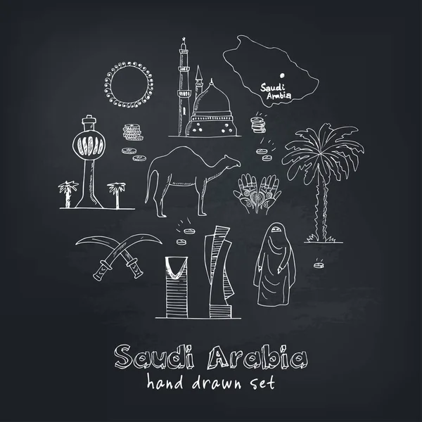 Illustrazione disegnata a mano dell'Arabia Saudita Luoghi di interesse e icone con il paese English Arabic Modern doodle sketch vector — Vettoriale Stock