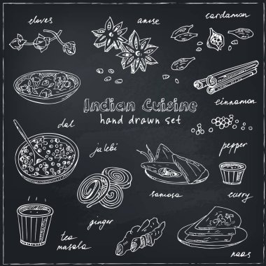 Vector hand drawn set of Indian cuisine. traditional spicy flavored dishes, desserts, beverages. clipart