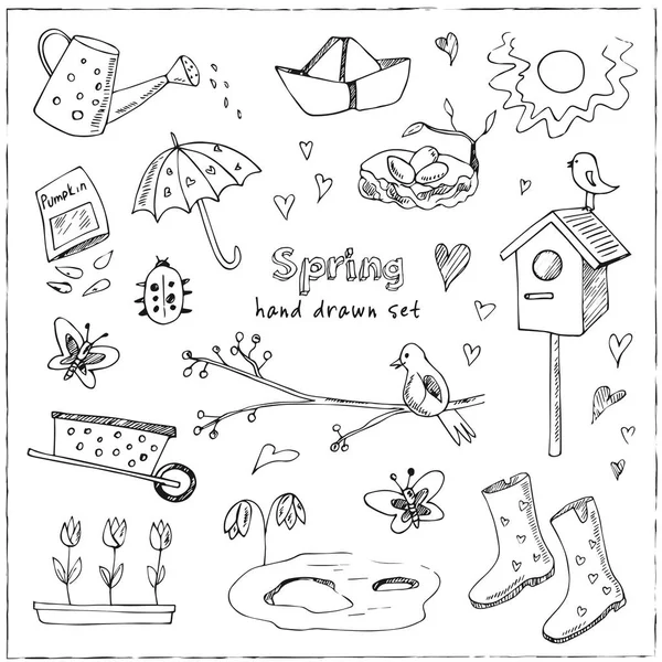 Bahar kümesi doodles. El çekilmiş çiçek, kediler, kuşlar, yumurta, aletleri, çizmeler, bulutlar, kelebekler.