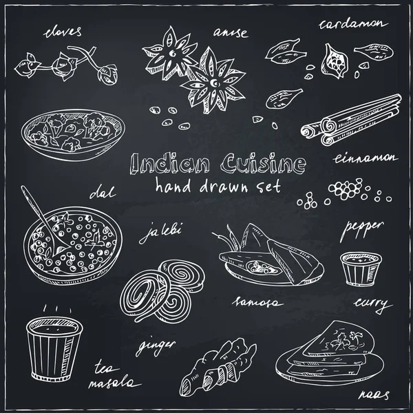 Vector hand getekende set van de Indiase keuken. pittige gekruide gerechten, desserts, dranken. — Stockvector