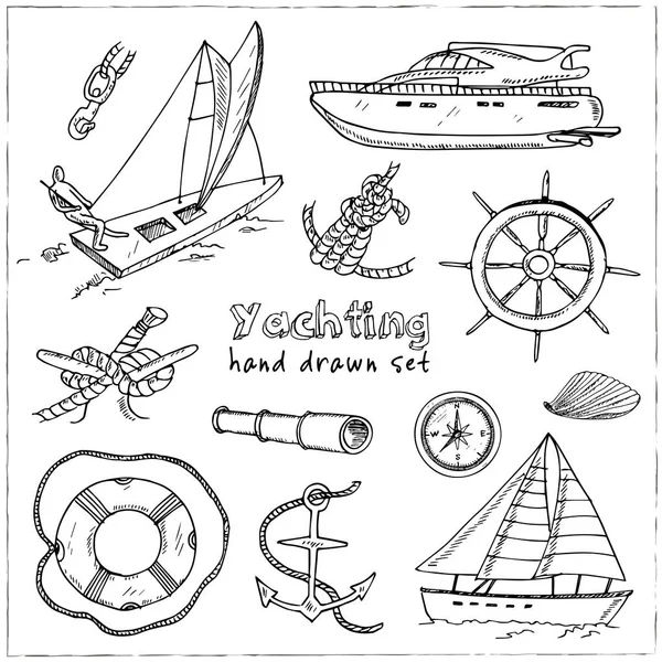 Collection of vector yachting doodle icons. Isolated objects. — Stock Vector