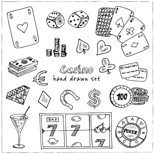 Hand drawn doodle set of Casino icons. Vector illustration. Cartoon Gambling symbols. Sketchy game elements collection: bet, jackpot, cards, chips, coins, darts, roulette, poker, money, slot. — Stock Vector