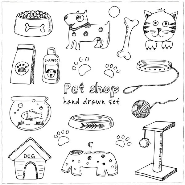 Elle çizilmiş doodle evcil hayvan şeyler ve simgeler kümesi sağlayın. Vektör çizim. Sembol koleksiyonu veteriner. Çizgi film Köpekler kedileri bakım elemanları: köpek kulübesi, kira kontratı, gıda, pençe, kase, kemik, evde beslenen hayvan dükkan için diğer ürünler