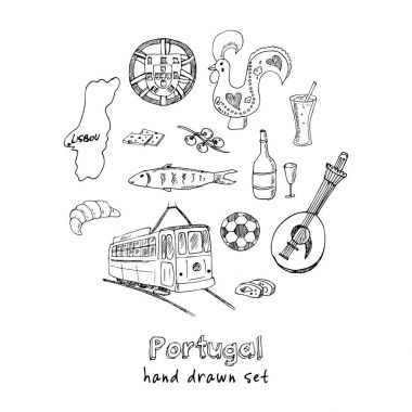Portekiz izole öğeler ve simgeler. Çizilmiş vektör çizim el