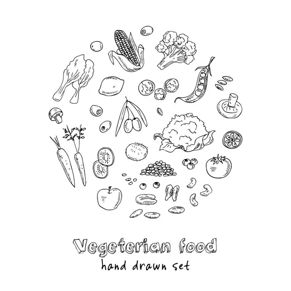 Set di cibo vegeteriano disegnato a mano vettoriale. Ortaggi, frutta . — Vettoriale Stock