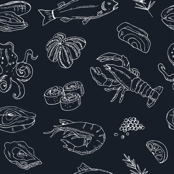 Padrão sem costura vetorial com ilustração de frutos do mar desenhados à mão peixe fresco, lagosta, caranguejo, ostra, mexilhão, lula e esboço de especiarias . —  Vetores de Stock