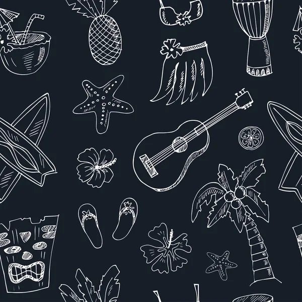 Hawaii naadloze patroon, met inbegrip van Hula rok, tiki goden, totempaal, drums, gitaar, palm — Stockvector