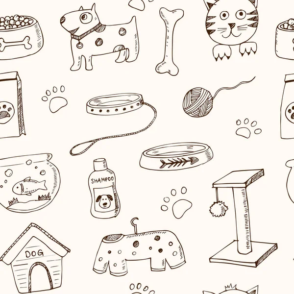 Handgezeichnete Doodle-Haustiere Zeug und liefern Symbole nahtlose Muster-Vektor-Illustration. Vet Symbolsammlung. Cartoon Hunde Katzen Pflegeelemente: Zwinger, Leine, Futter, Pfote, Schale, Knochen, Waren für die Zoohandlung — Stockvektor