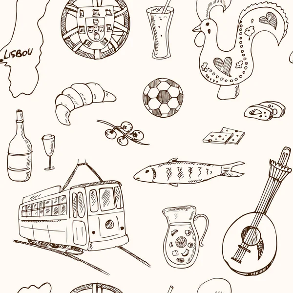 ポルトガルの分離した要素や記号。手描きの背景のシームレスなパターン — ストックベクタ