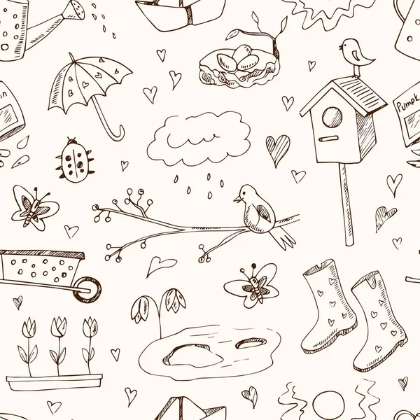 Rugó seamless pattern doodles. Kézzel rajzolt virágok, macskák, madarak, tojás, eszközök, csizma, felhők, pillangók. — Stock Vector