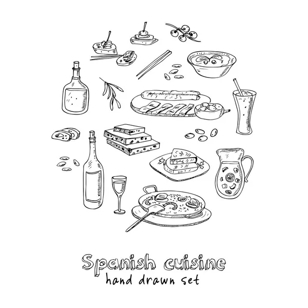 Vector hand drawn set of spanish cuisine: soup, liver in garlic Paella, meal with rice and seafood, fried cookie churros. — Stock Vector