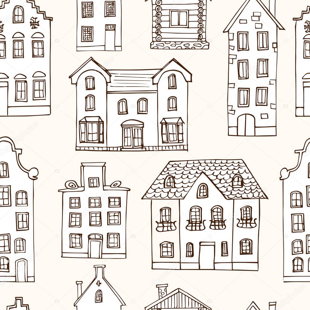 seamless pattern hand drawn buildings. Vector illustration.