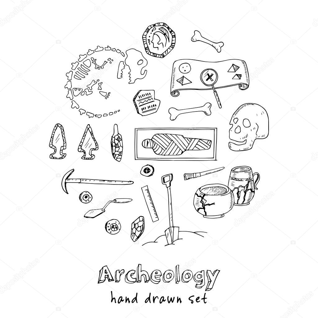 Archeology hand drawn sketch set of paleontological and archaeological ancient finds isolated vector illustration