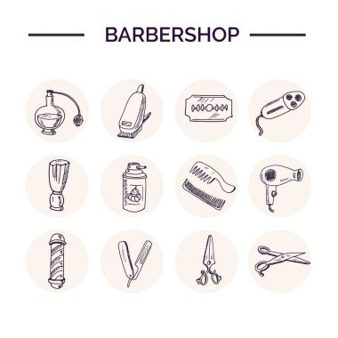 Elle çizilmiş doodle berber seti.