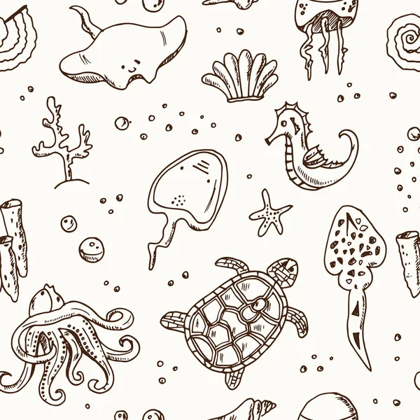 Handgezeichnetes Doodle Sea Life nahtloses Muster — Stockvektor