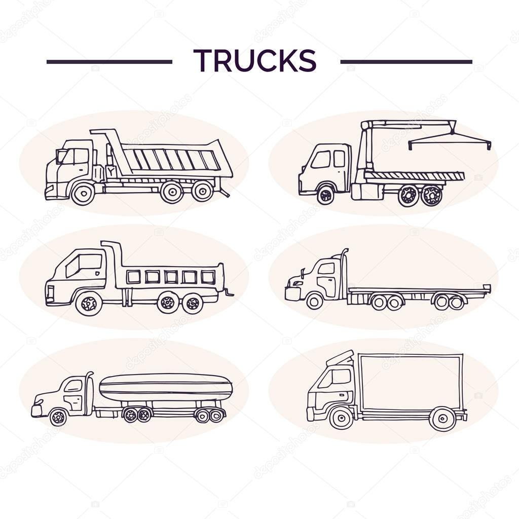 Hand drawn doodle truck set. Vector illustration. Isolated elements on white background.