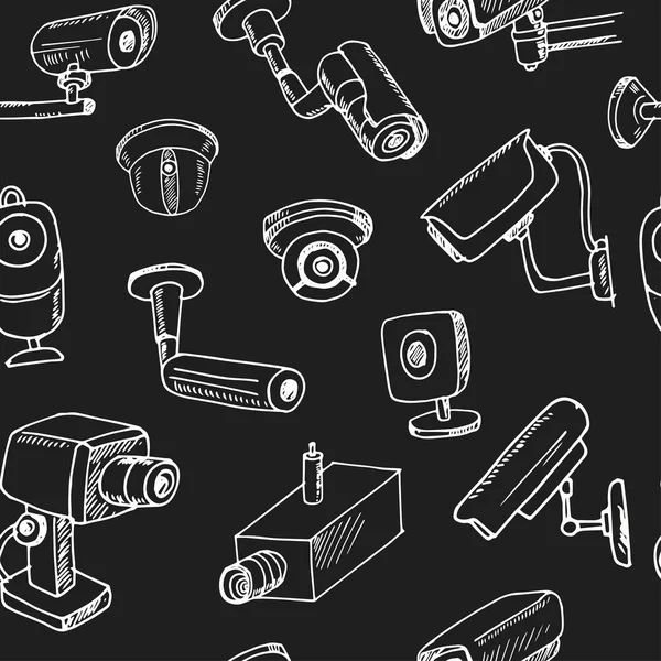 Dibujado a mano garabato cámaras de seguridad patrón sin costuras — Archivo Imágenes Vectoriales