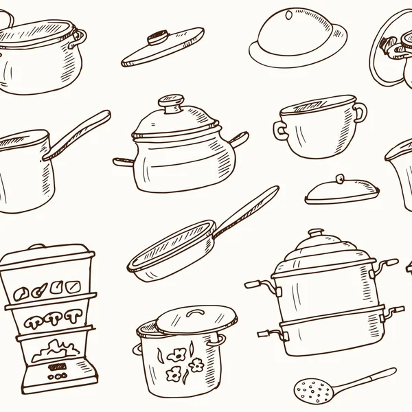 Hand getrokken doodle potten steamers naadloze patroon — Stockvector