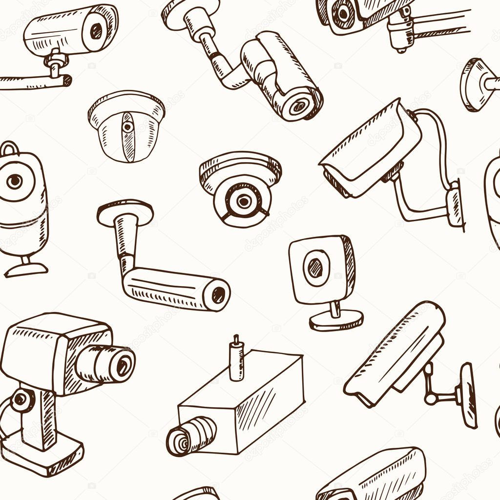 Hand drawn doodle security cameras seamless pattern