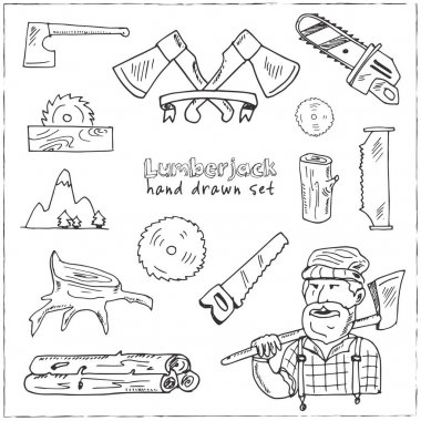 Elle çizilmiş doodle oduncu seti.