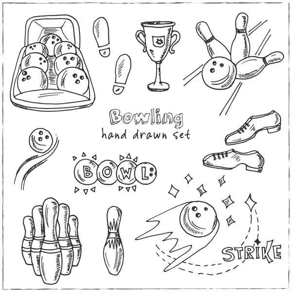 Set da bowling scarabocchio disegnato a mano . — Vettoriale Stock