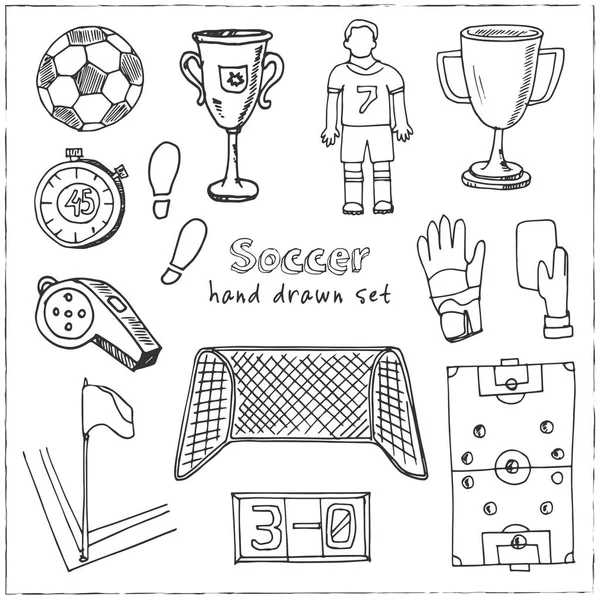 Hand drawn doodle soccer set. — Stock Vector
