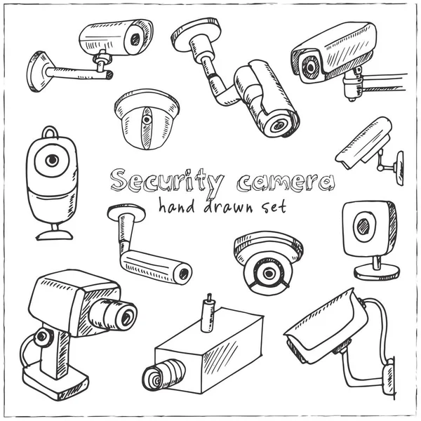 Conjunto de câmeras de segurança desenhadas à mão . —  Vetores de Stock