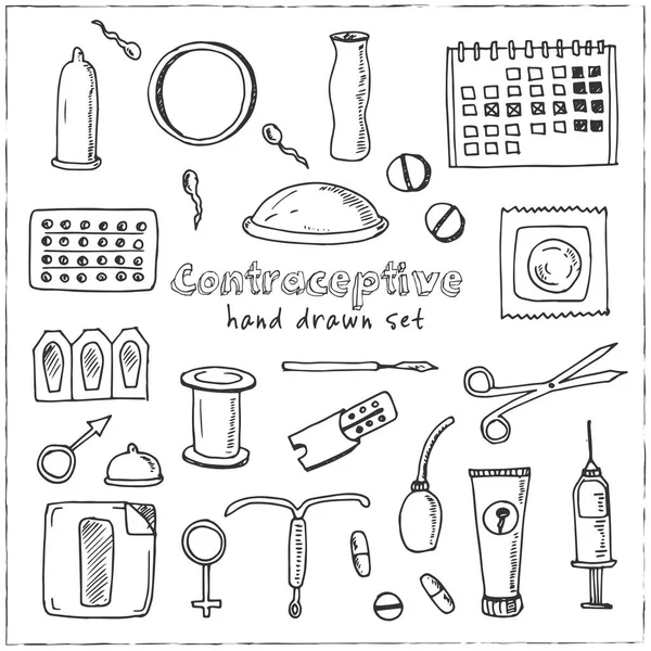 Hand getrokken doodle contraceptieve set. — Stockvector