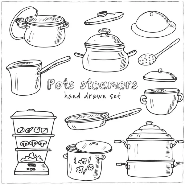 Hand getrokken doodle potten steamers set. — Stockvector