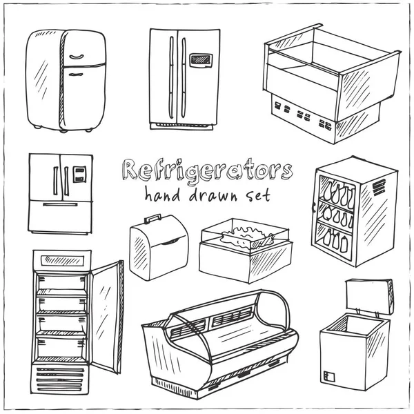 Ensemble réfrigérateur doodle dessiné à la main . — Image vectorielle
