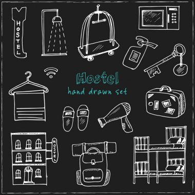 Hostel. Elle çizilmiş doodle küme. Çizimler. Vektör çizim tasarım ve paketleri bir ürün için.