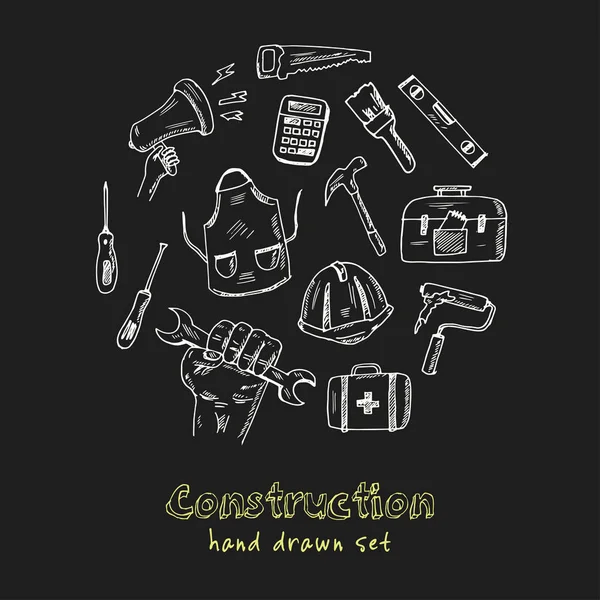 Bouw. Hand getrokken doodle set. Schetsen. Vectorillustratie voor product design en pakketten. — Stockvector