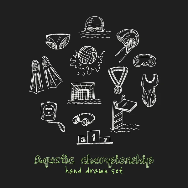 Aquatische kampioenschap. Hand getrokken doodle set. Schetsen. Vectorillustratie voor product design en pakketten. — Stockvector