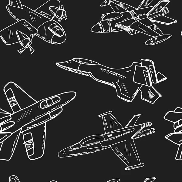 Μαχητικό αεροσκάφος. Vintage διακόσμηση. Χέρι doodle χωρίς ραφή πρότυπο σκίτσα. Εικονογράφηση φορέα για το σχεδιασμό και τα πακέτα προϊόντων. — Διανυσματικό Αρχείο