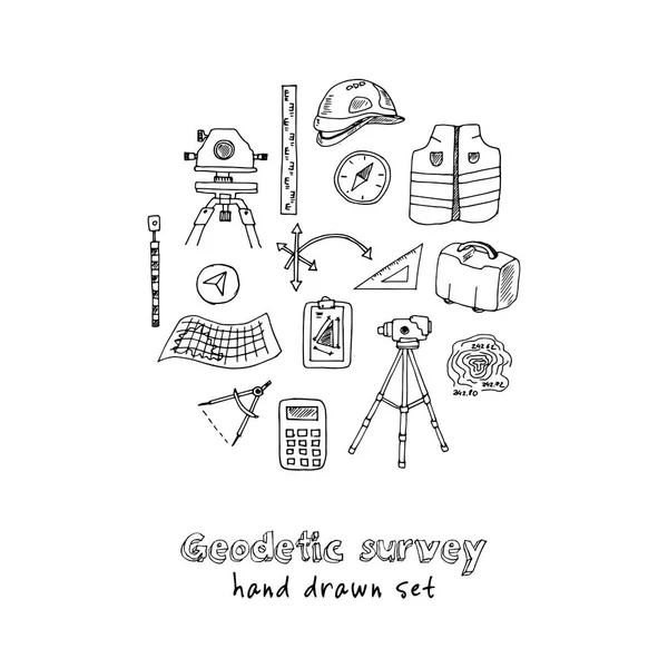 Handritad doodle geodetic survey set. — Stock vektor