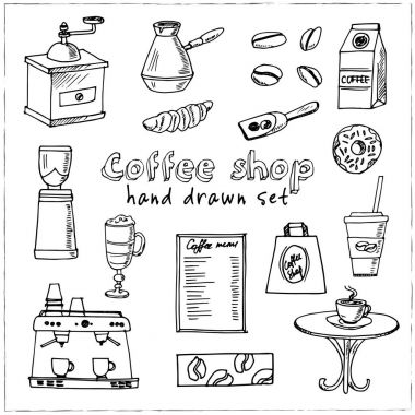Elle çizilmiş doodle kahvehane seti.